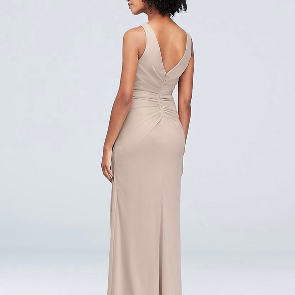 Steel Blue David’s Bridal High-Neck Ruched Mesh Bridesmaid Dress - Picture 3 of 16